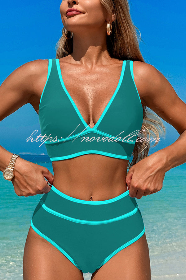 Solid Color Contrast High Waist Stretch Bikini Swimsuit