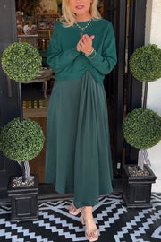 Practical Fashion Knit Ruched Sweater and Satin Stretch Tank Midi Dress Two-piece Set