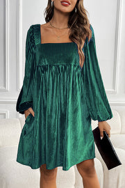 Solid Color Velvet Square Neck Long Sleeve Pocket Casual Mini Dress