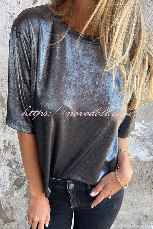 Metallic Solid Color Round Neck Short-sleeved Loose T-shirt