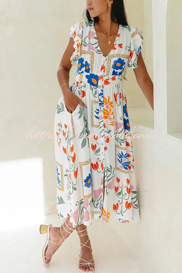 Boho Floral Print Buttoned V-neck Midi Dress