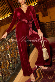 Love One Another Velvet Bow Belted Pocket Cutout Back Loose Jumpsuit