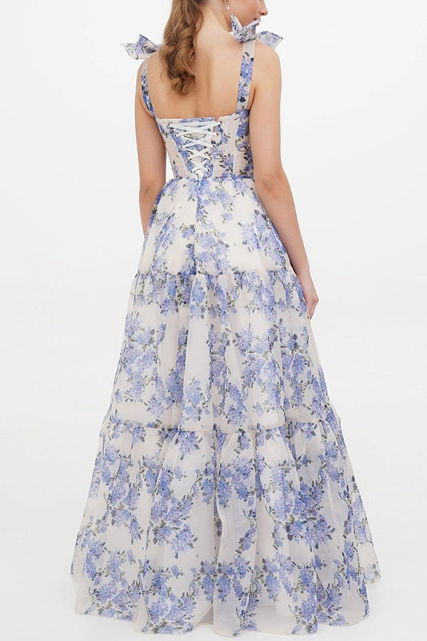 Fairytale Itself Organza Floral Print Tie Strap Maxi Dress