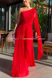 Kate Pleated One Shoulder Drape Sleeve Twist Waist Maxi Dress