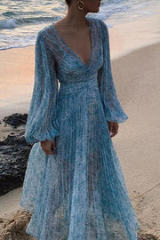 Dreamy Seaside Floral Balloon Sleeve Pleated Lightweight Maxi Dress