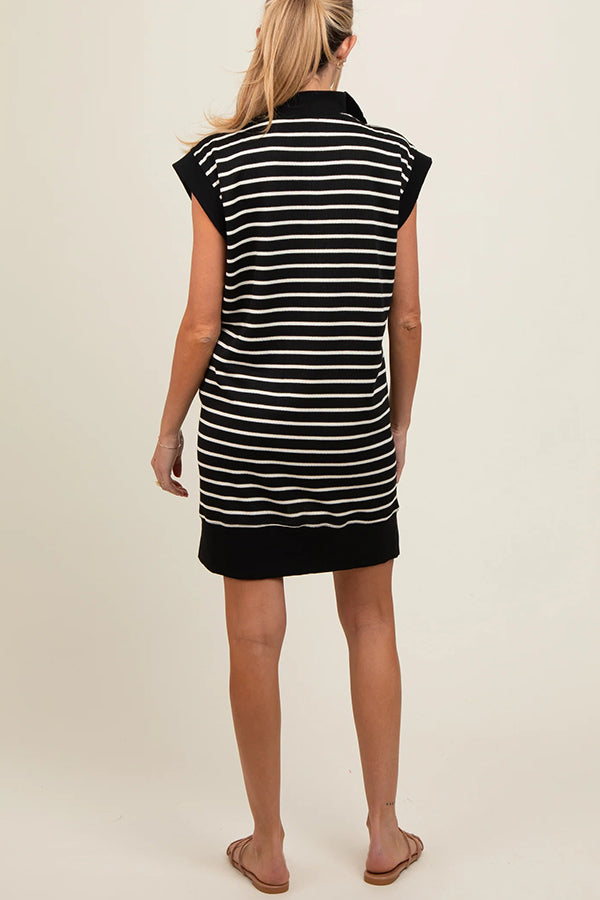 Striped Print Zipper Lapel Sleeveless Casual Mini Dress