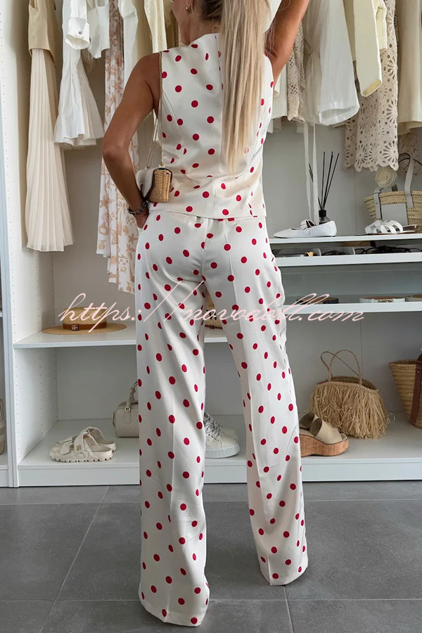 Koreen Polka Dot Round Neck Button Vest and High Rise Pocket Straight Pants Set