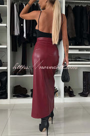 Excellent Partner Faux Leather High Rise Front Slit Stretch Midi Skirt