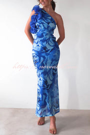 Floral Print Sleeveless 3D Flower One Shoulder Slim Maxi Dress