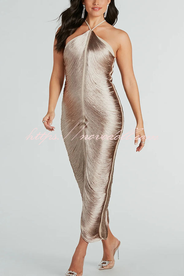 Sexy Allnight Metallic Halterneck Backless Fringed Slit Maxi Dress