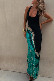 Summer Adventures Tie-dye Print Back Lace-up Stretch Maxi Dress