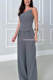 Elegant Bandeau Back Zip Cropped Top and High Waist Pocket Wide Leg Pants Set