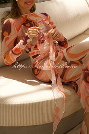 Nessie Mesh Unique Print Tie-up Waist Long Sleeve Stretch See-Through Maxi Dress