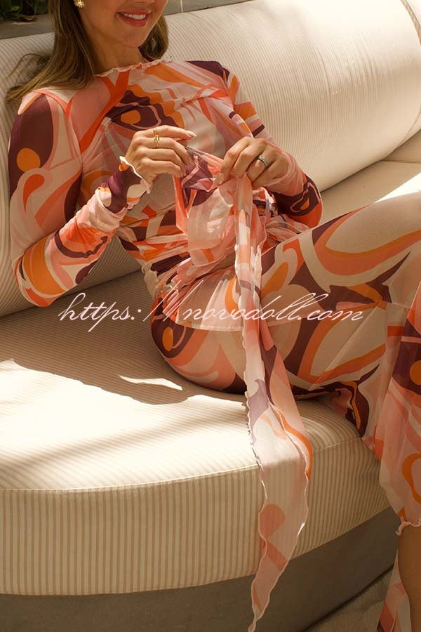 Nessie Mesh Unique Print Tie-up Waist Long Sleeve Stretch See-Through Maxi Dress