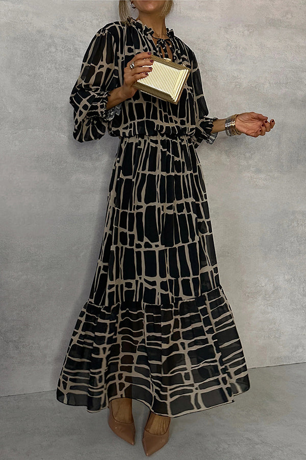 Unique Printed V-neck Tie-up Waist Long-sleeve Maxi Dress