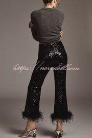 New Year Eve Sequin Feather Trim High Rise Back Zipper Flare Pants
