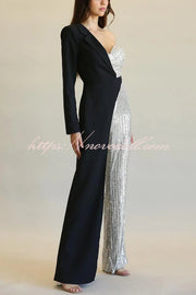 Fashionable Sequined Patchwork One-sided Long-sleeved Asymmetrical Jumpsuit