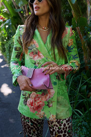 Wild and Free Flowers Printed Button Up Long Sleeve Lapel Blazer