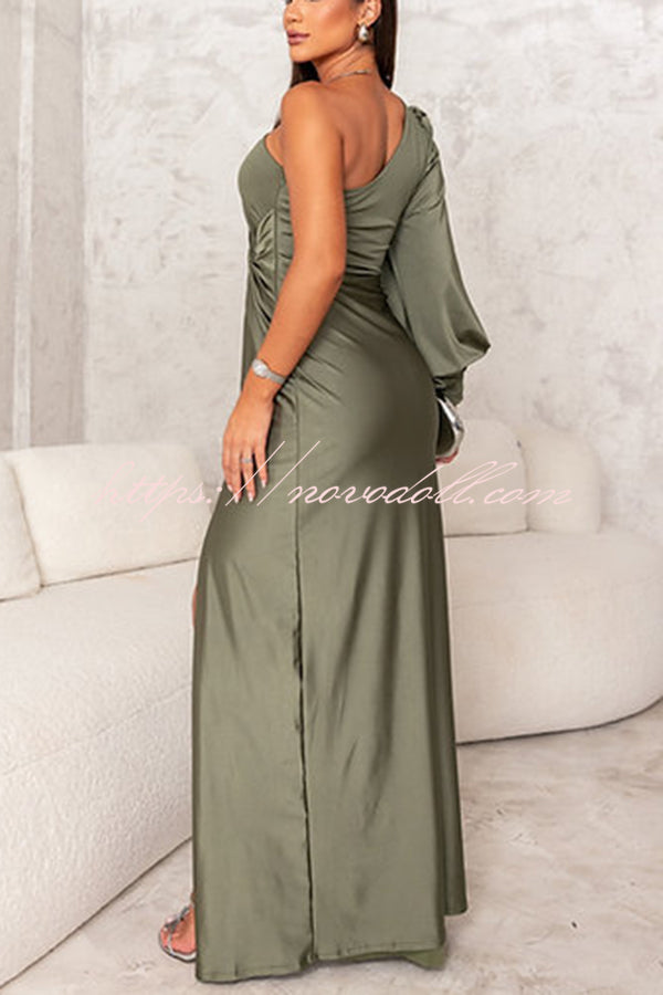 Country Party Charm Satin One Shoulder Twist Detail Slit Maxi Dress