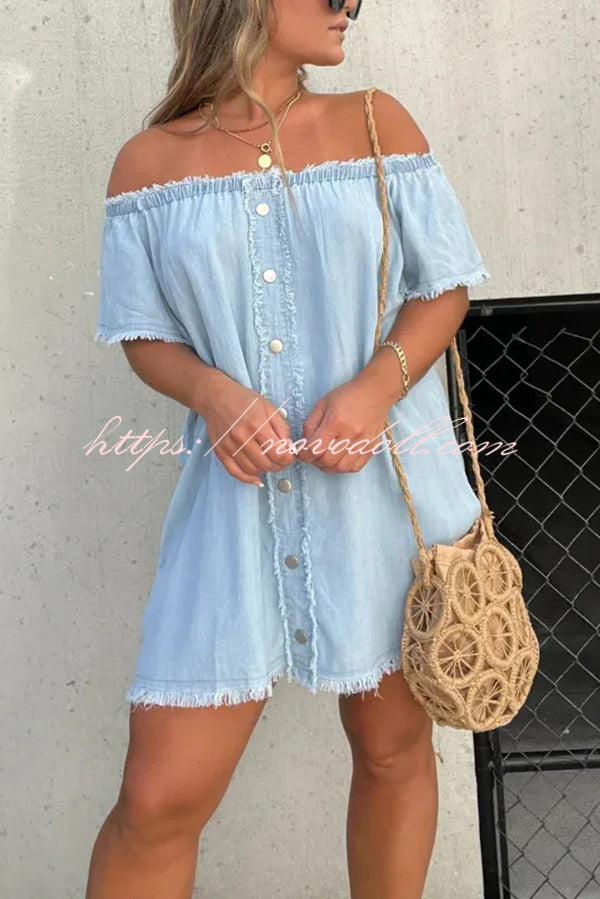 Fashionable Off Shoulder Short-sleeved Loose Denim Mini Dress