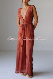 Resort Style V-neck Tie Pleated Casual Jumpsuit