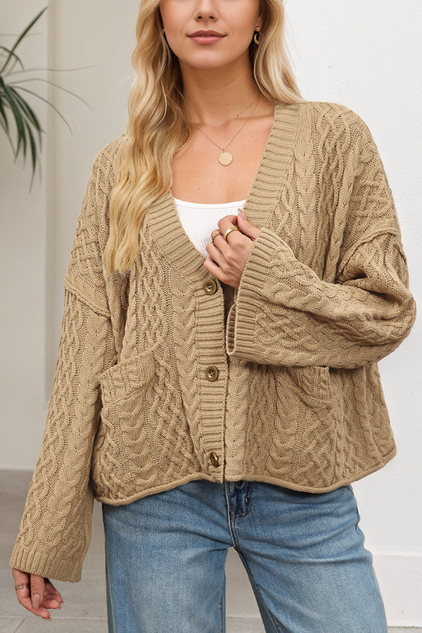 Solid Color Loose V-neck Long-sleeved Casual Pocket Knitted Cardigan