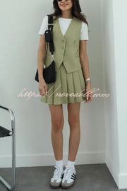 Solid Color Sleeveless Buttoned Vest and High-waisted Pleated Mini Skirt Set