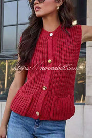 Solid Color Sleeveless Button Pocket Knit Vest