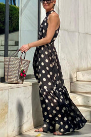 Charming Idea Polka Dots Belted Halter A-line Maxi Dress