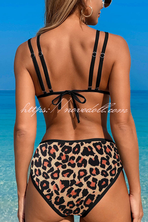 Contrast Color Lace-up Stretch Two-piece Bikini Swimsuit