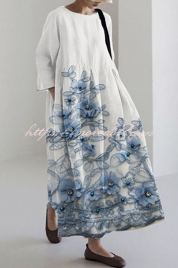 Unique Printed Round Neck Long Sleeve Loose Maxi Dress