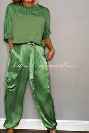 Calissa Smooth Satin Half-sleeved Top and Elastic Waist Pocket Pants Set