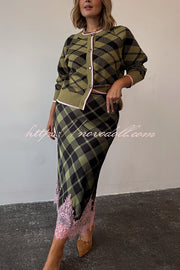 Holiday Plaid Knit Color-blocked Trim Button Long-sleeved Loose Cardigan