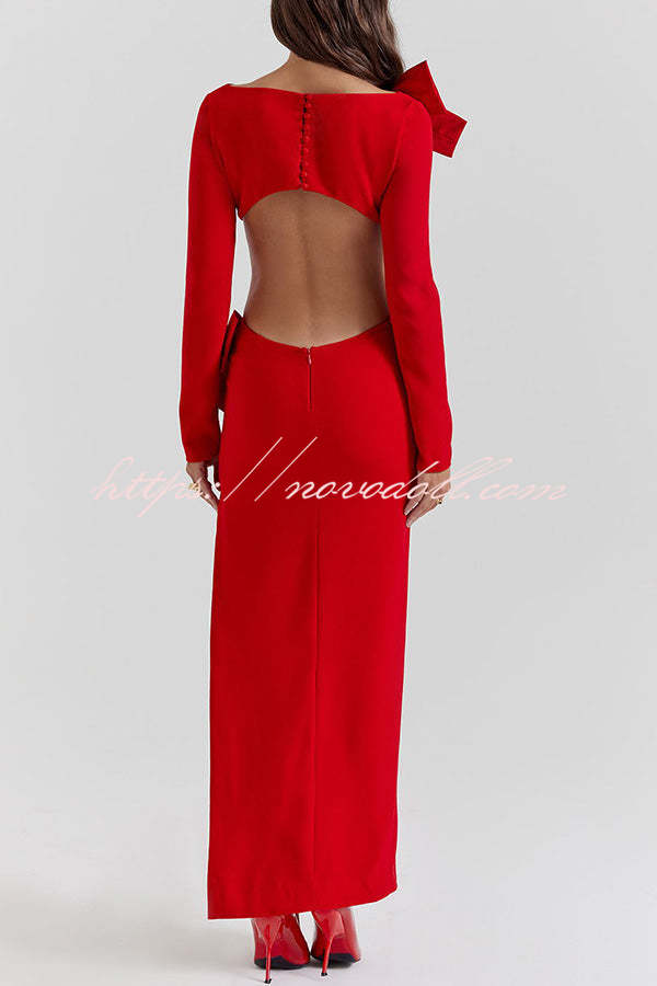 Lovely Bow Cutout Button Back Zipper Long Sleeve Maxi Dress