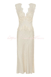 Wonderful Fusion Satin Lace Trim Poka Dot V-neck Drape Maxi Dress