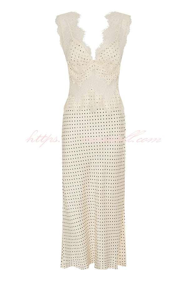 Wonderful Fusion Satin Lace Trim Poka Dot V-neck Drape Maxi Dress