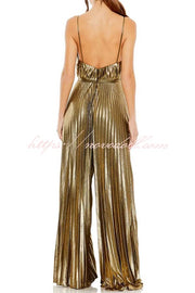 Disco Fashion Metallic Fabric Pleated Pocket Slip Wide Leg Jumpsuit