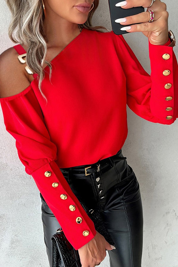Solid Color Metal Button Off Shoulder Collar Button Up Shirt