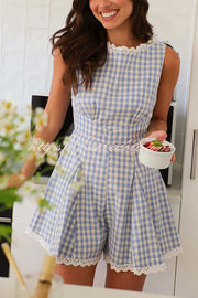 Plaid Print Sleeveless Pleated Waist Casual Rompers