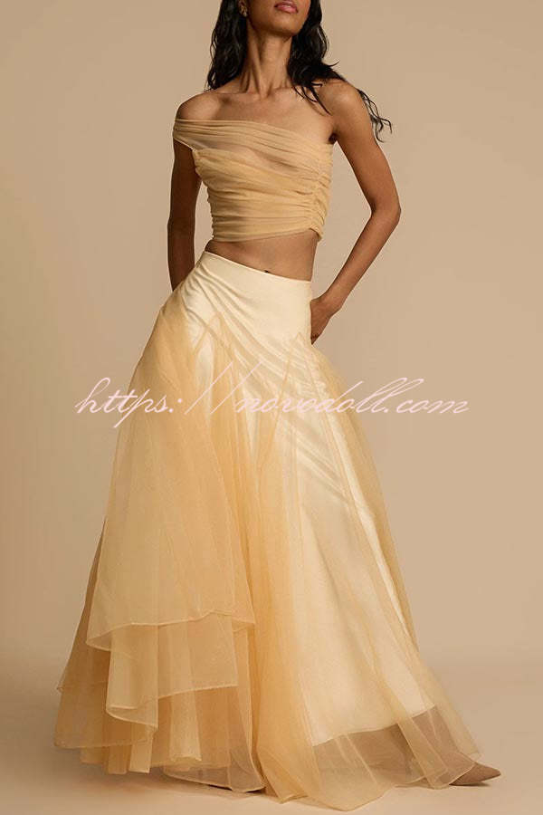 Romance Factor Satin Patchwork Tulle High Rise Elastic Waist A-line Maxi Skirt