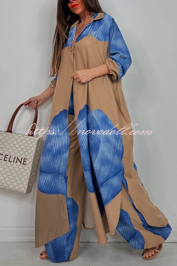 Unique Printed Casual Loose Long Shirt and Elastic Waist Pocket Wide Leg Pants Set
