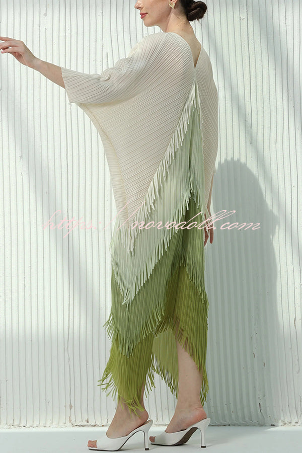 Fashionable Color-blocked Multi-layered Tassel Loose Midi Dress