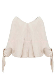 Joyful Bond Linen Blend V-neck Knotted Cuff Half Sleeve Loose Top