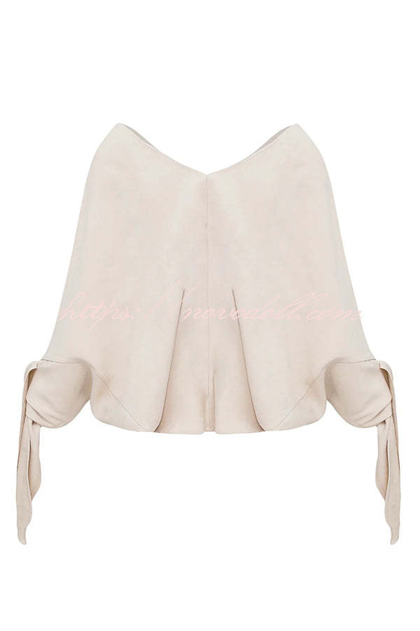 Joyful Bond Linen Blend V-neck Knotted Cuff Half Sleeve Loose Top