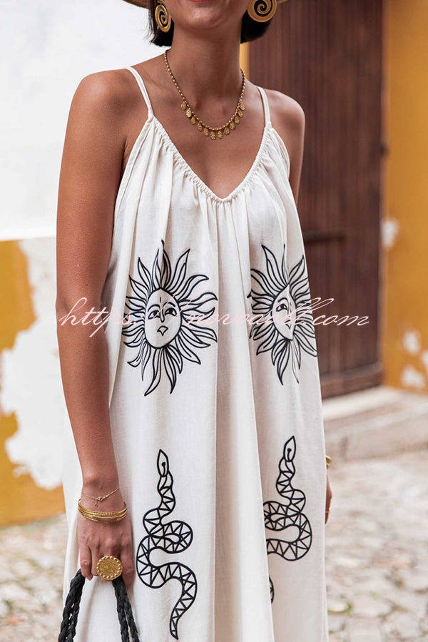 Marisol Linen Blend Unique Print A-line Slip Loose Maxi Dress