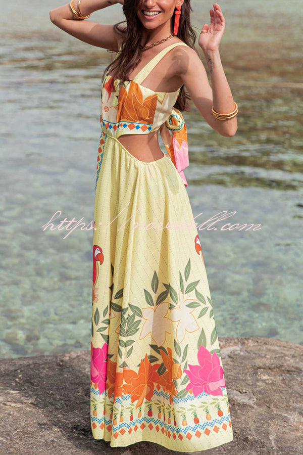 Resort Style Unique Print Sexy Square Neck Backless Waist Maxi Dress