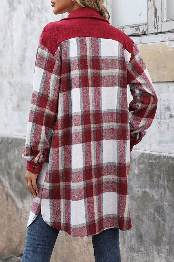 Retro Plaid Casual Long-sleeved Pocket Mid-length Coat