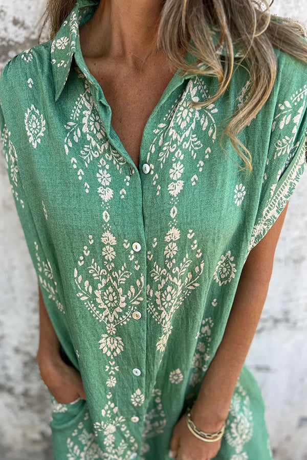 Linen Blend Unique Print Lapel Casual Pocket Mini Dress
