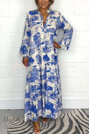 Botanical Print Casual V-neck Trumpet Sleeve Maxi Dress