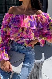 Colorful Botanical Print Sexy Off-shoulder Ruffle Top